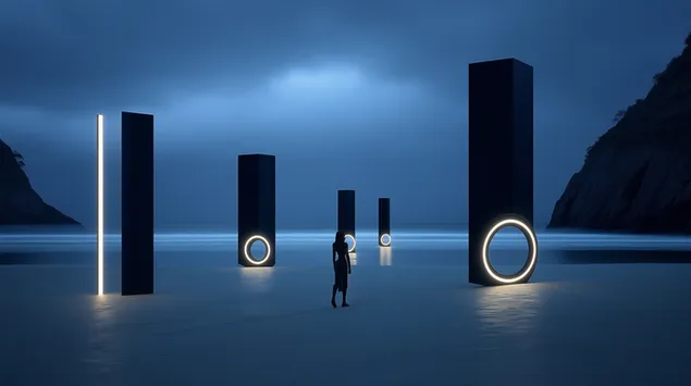 abstract illuminated pillars on dark beach landscape download