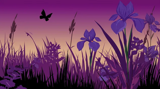 Ταπετσαρία Αφηρημένες ίριδες και πεταλούδα σε μωβ τοπίο 2K