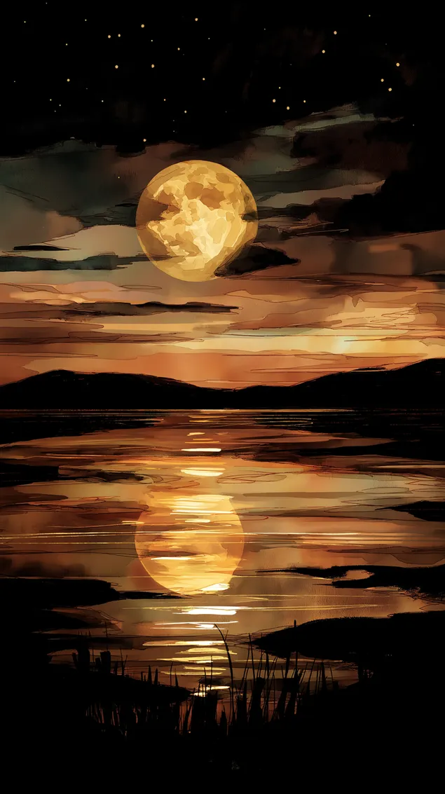 Abstrakte Seeufer Vollmond Reflexion Warm Tonal Nachtszene HD Hintergrundbild