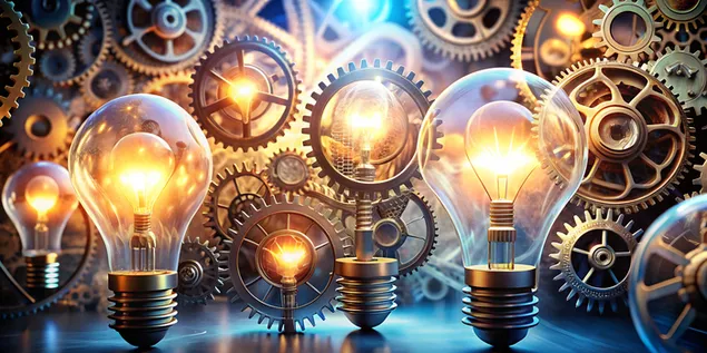 Abstrakčios šviesos lemputės, krumpliaračiai ir spiralės aukštyn kūrybiniame sraute 4K ekrano užsklanda