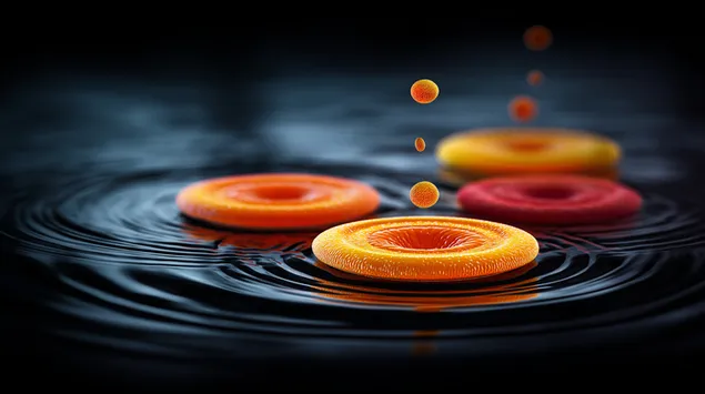 Abstrakte orangefarbene Ringe auf dunkler Wasseroberfläche mit Tröpfchen 2K Hintergrundbild