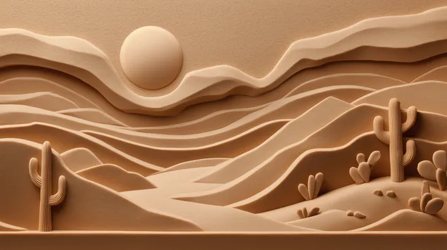 escultura abstracta de arte en arena con formas de dunas ondulantes y cactus descargar