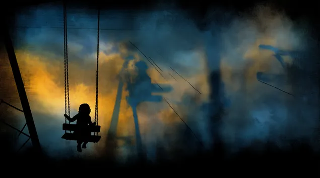 Siluetë Abstrakte e Fëmijës mbi Lëvizëse në Këndin e Lojërave të Shtrembëruar 2K sfond