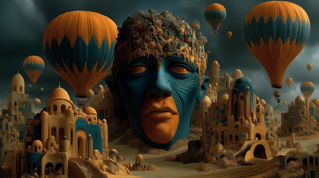 رأس سريالي تجريدي في منظر طبيعي خيالي مع بالونات 2K خلفية