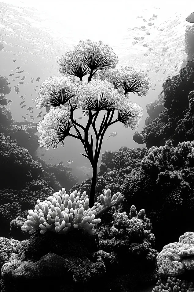 Abstraktus medis, klestintis tarp povandeninių koralų ir žuvų 2K ekrano užsklanda