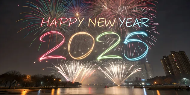 Fishekzjarret e gjalla abstrakte që formojnë 'Gëzuar Vitin e Ri 2025' në stilin e kaligrafisë fluide 4K sfond