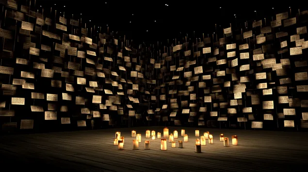 mur abstrakt me faqe teksti te varura me matrice qirinjsh qendror shkarkim