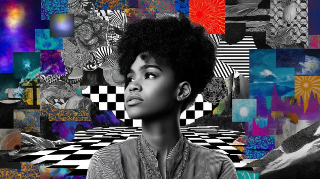 Abstrakt kvinnoporträtt med texturerat konstcollage 2K bakgrund