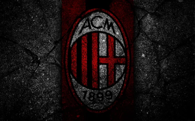 Logo klub sepak bola AC milan dalam warna tim hitam putih dan merah di dinding gelap unduhan