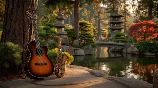 Akustična gitara i saksofon pored ribnjaka u japanskom vrtu 2K pozadina