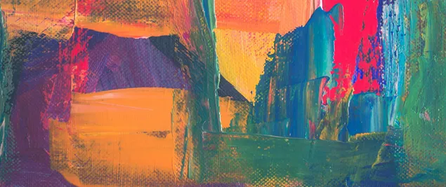 Pintura amb pintura acrílica en tons groc fosc, vermell, verd i blau 2K fons de pantalla