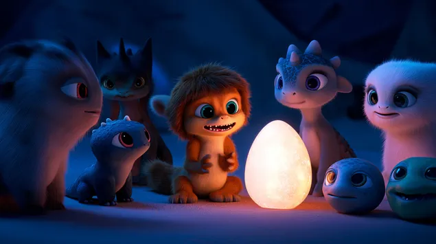 יצורים מונפשים מקסימים מתאספים סביב ביצה זוהרת 2K טפט