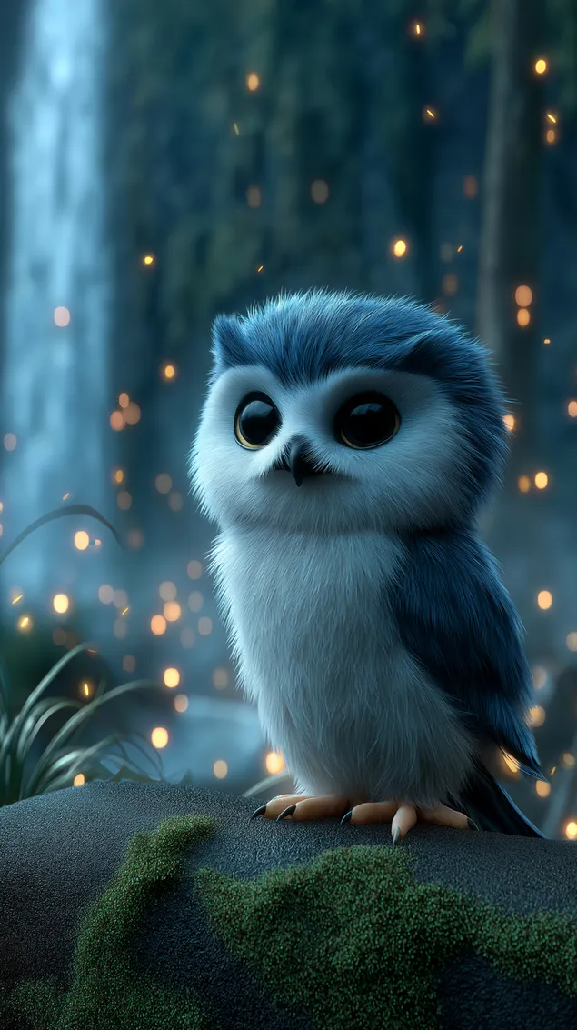 Søtt, fluffy ugle med store øyne i fortryllet skog HD bakgrunn