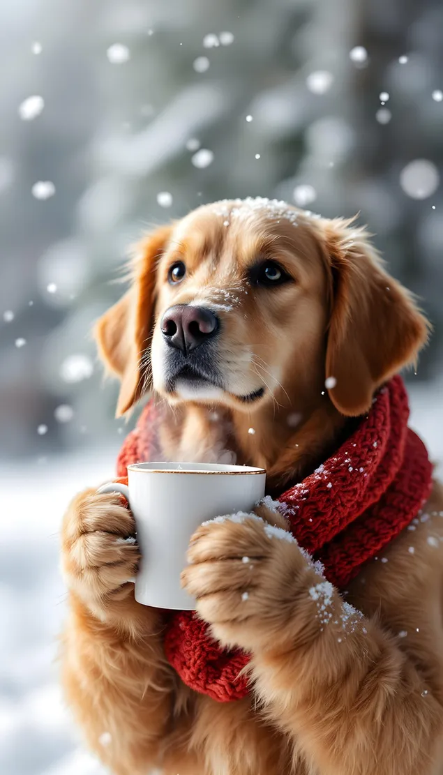 Taustakuva Suloinen kultainennoutaja pitelee lämmintä kuppia lumisessa talvimaisemassa 2K