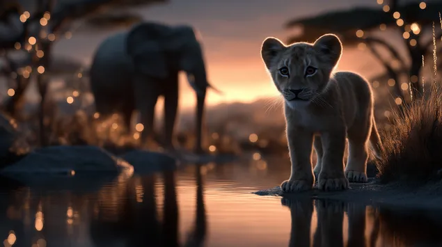 Uroczy lew o wschodzie słońca na afrykańskiej sawannie 2K tapeta