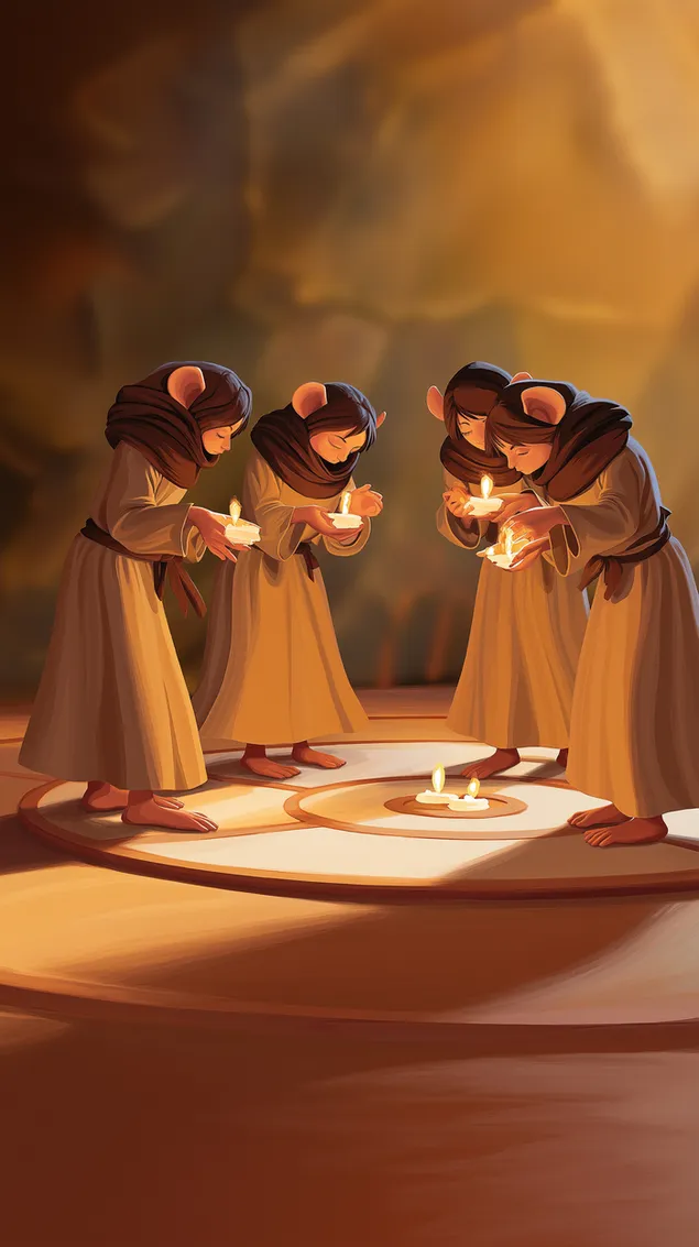 Čudovite mišje figurice meditirajo ob mehki svetlobi sveč HD ozadje