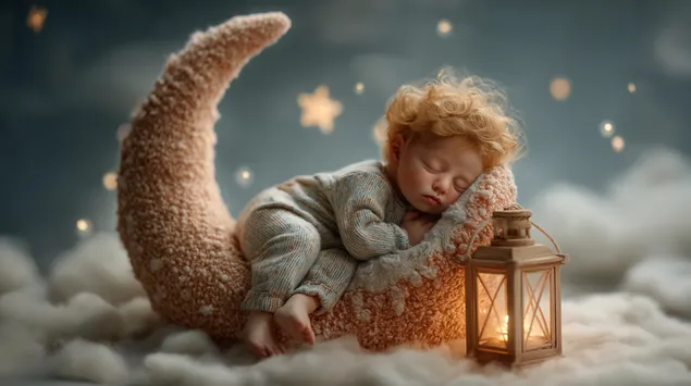 Adorável bebê recém-nascido dormindo em uma lua aconchegante com estrelas brilhantes 2K papel de parede