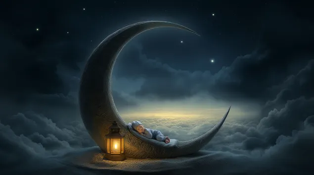aanbiddelike pasgeborene slaap op maan met warm lantern gloed aflaai