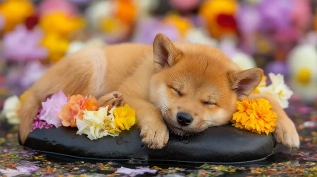 Filhote de cachorro adorável dormindo pacificamente em meio a um arranjo de flores 2K papel de parede