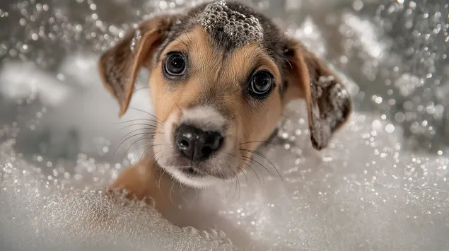 Tapeta Rozkošné štěně s obrovskýma očima vylézající z bublinkové pěnivé koupele 2K