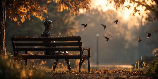 roboti i perparuar humanoid i ulur vetem ne nje stol parku ne perendim te diellit shkarkim