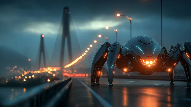 Geavanceerde spinrobot op brug met stadsverlichting 's nachts 2K achtergrond