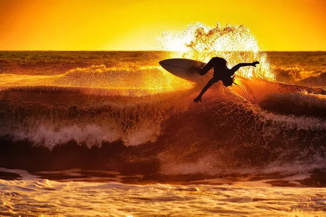 Avonturier surfen in golven en zonlicht weerkaatst op de zee