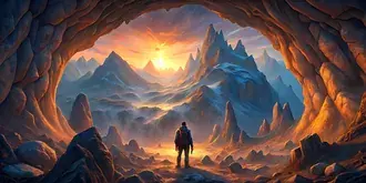 Tapeta Dobrodružný turista v jeskyni s Rocky Mountains a západem slunce na obloze 4K