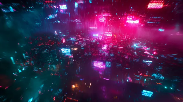 Widok z lotu ptaka na świetlisty krajobraz miejski w stylu cyberpunk nocą 2K tapeta