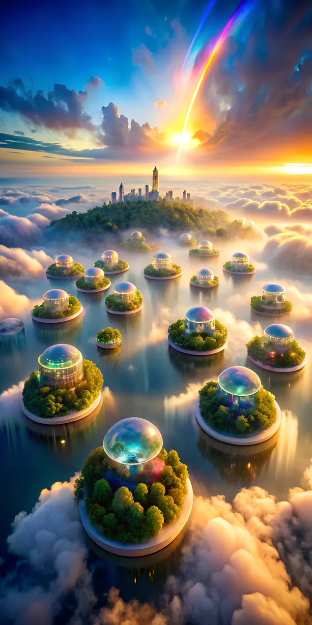 منظر جوي لجزر زجاجية عائمة تعكس أقواس قزح متغيرة محاطة بضباب متوهج 2K خلفية