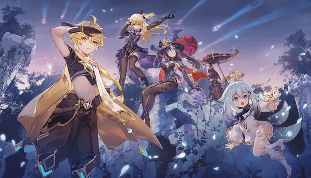 Aether ve arkadaşları takım arkadaşlarını kuruyor | Ganshin Etkisi 2K duvar kağıdı