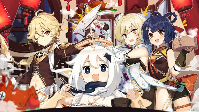 Aether & Lumine with Xiangling & Paimon - Genshin Impact (애니메이션 비디오 게임) 4K 배경화면