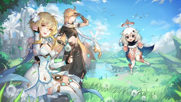 Aether with Lumine & Paimon - Genshin Impact(애니 비디오 게임) 4K 배경화면