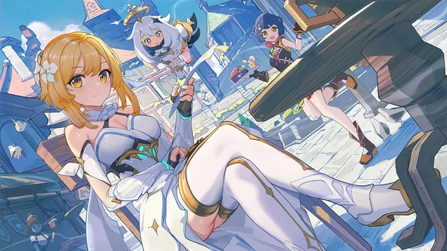 Aether dengan Paimon & Xiangling- Genshin Impact (Permainan Video Anime) 4K kertas dinding