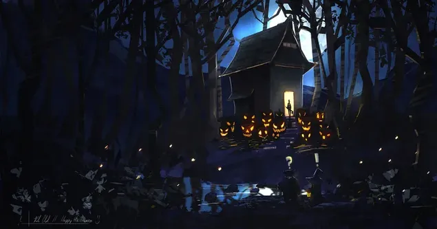 Afbeelding van halloween voor boomsilhouet en houten hut in het bos 's nachts met volle maanlucht