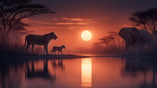 Излазак сунца у афричкој савани са лавом, младунчетом и слоном 2K позадина