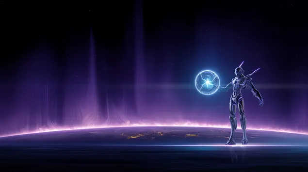 agile mecha figuur wat energiesfeer bo planeet hou aflaai