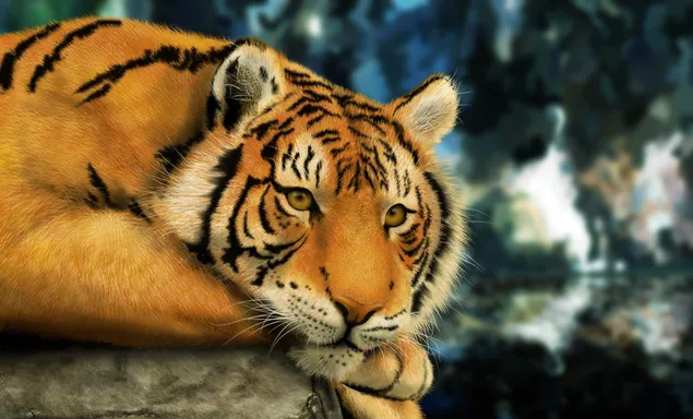 あごを前足につけて森の岩の上で休んでいる虎
