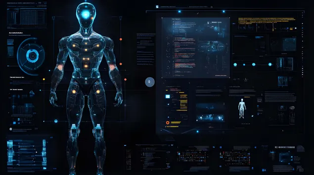 AI-humanoïde robot met geavanceerde gloeiende schakelingen en data-interface 8K achtergrond