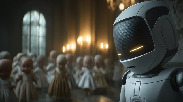 AI robot među jezivim lutkama u sablasnom okruženju 2K pozadina