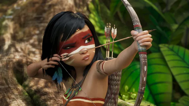 Ainbo, pijlschietend personage uit de kinderanimatiefilm Spirit of the Amazon 2K achtergrond