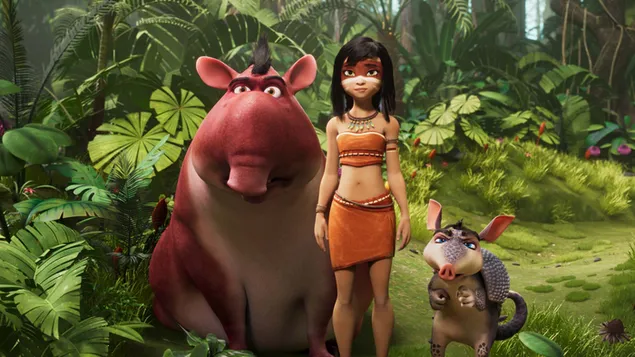 Ainbo, Spirit of the Amazon kinderavontuur animatiefilm mooi meisje en schattige dieren 2K achtergrond