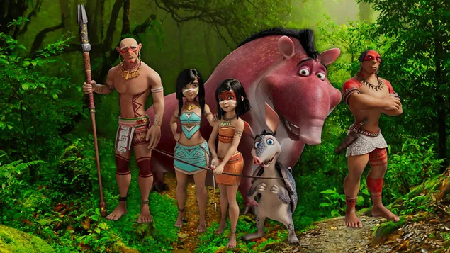 Ainbo, póster de personajes de la película animada de aventuras infantiles Spirit of the Amazon