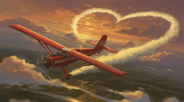 Fliger kreéiert Häerzform am Himmel bei Sonnenënnergang 2K Tapeten