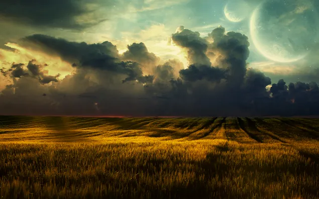 Al final del campo, la vista de los planetas en el cielo entre las nubes oscuras y la luz del sol que se filtra