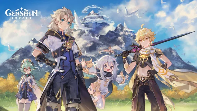 Albedo & Aether dengan Paimon & Sukrosa - Genshin Impact (Permainan Video Anime) 4K kertas dinding