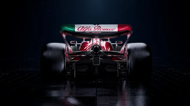 Vista posterior del cotxe nou de l'Alfa Romeo C42 Formula 1 2022 baixada