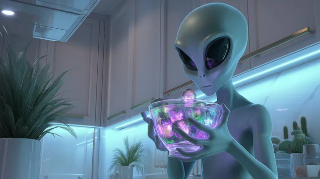 חייזר בוחן חפצים זוהרים בקערת מטבח 2K טפט