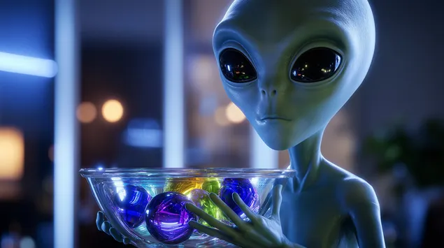 חייזר מחזיק קערה של כדורים זוהרים בבית 2K טפט