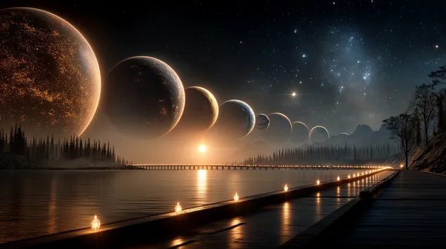 planetes alienigenes alineats al cel sobre un moll il*luminat baixada